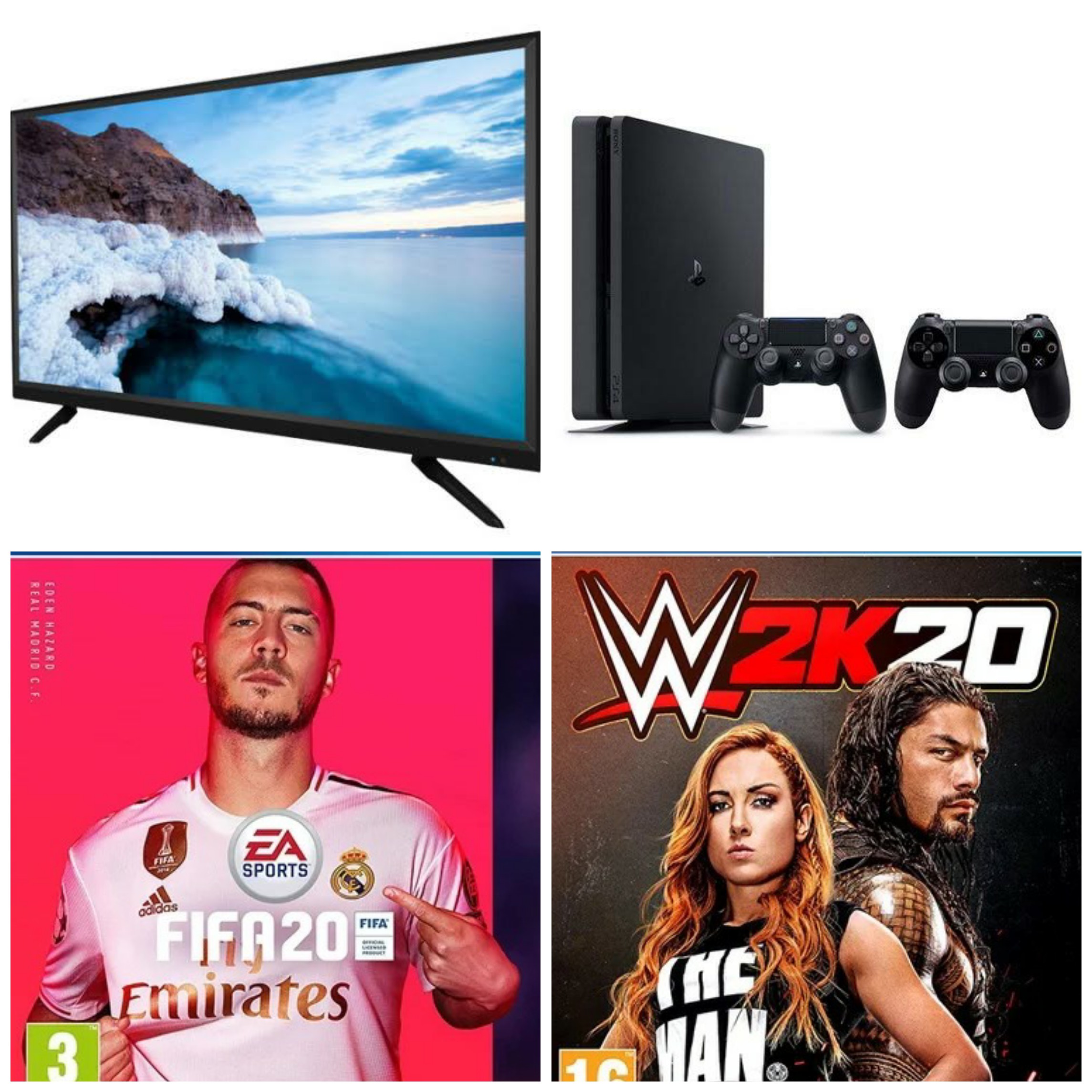 PS4 console with 2 controllers and fifa20 with tv