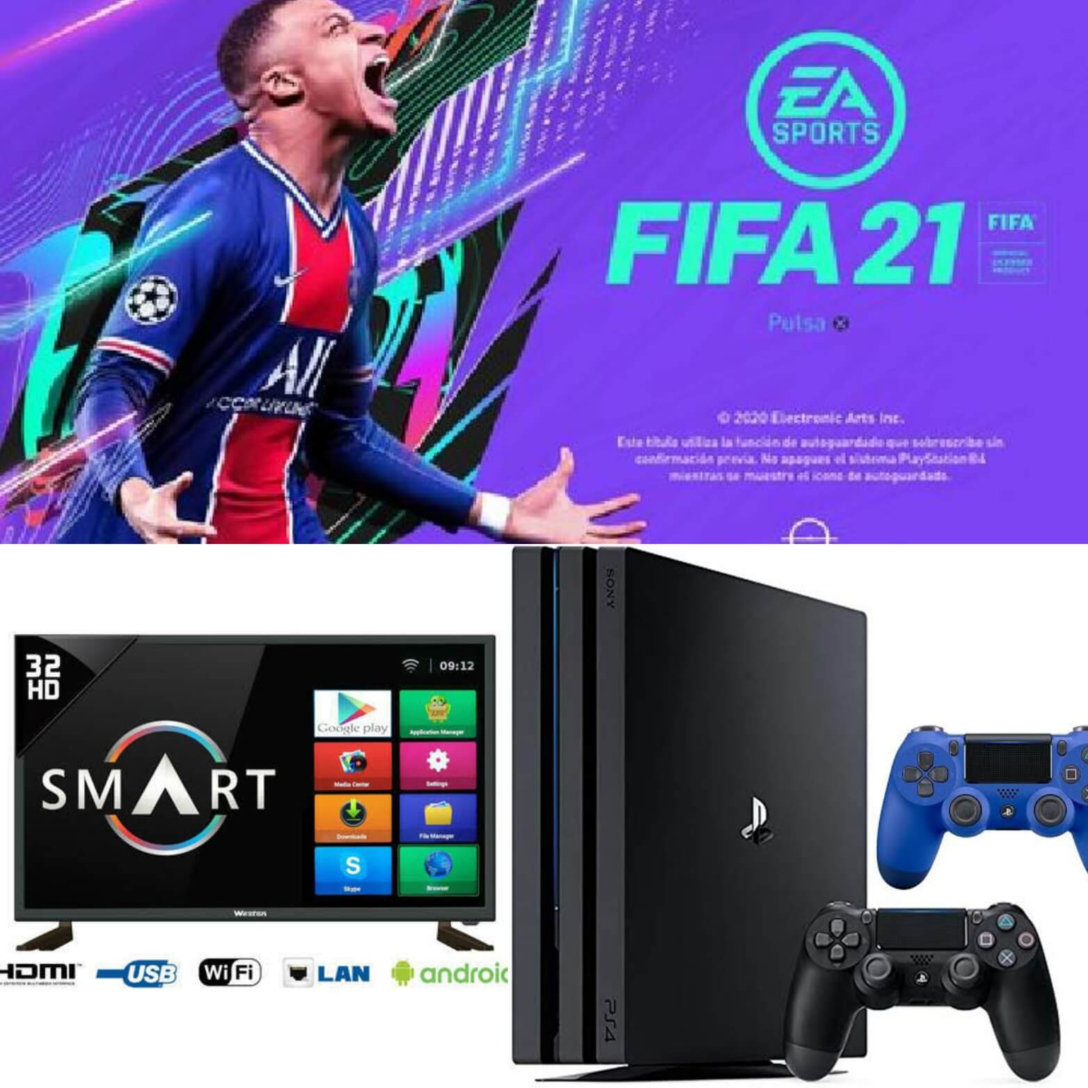 PS4 console with 2 controllers and fifa21